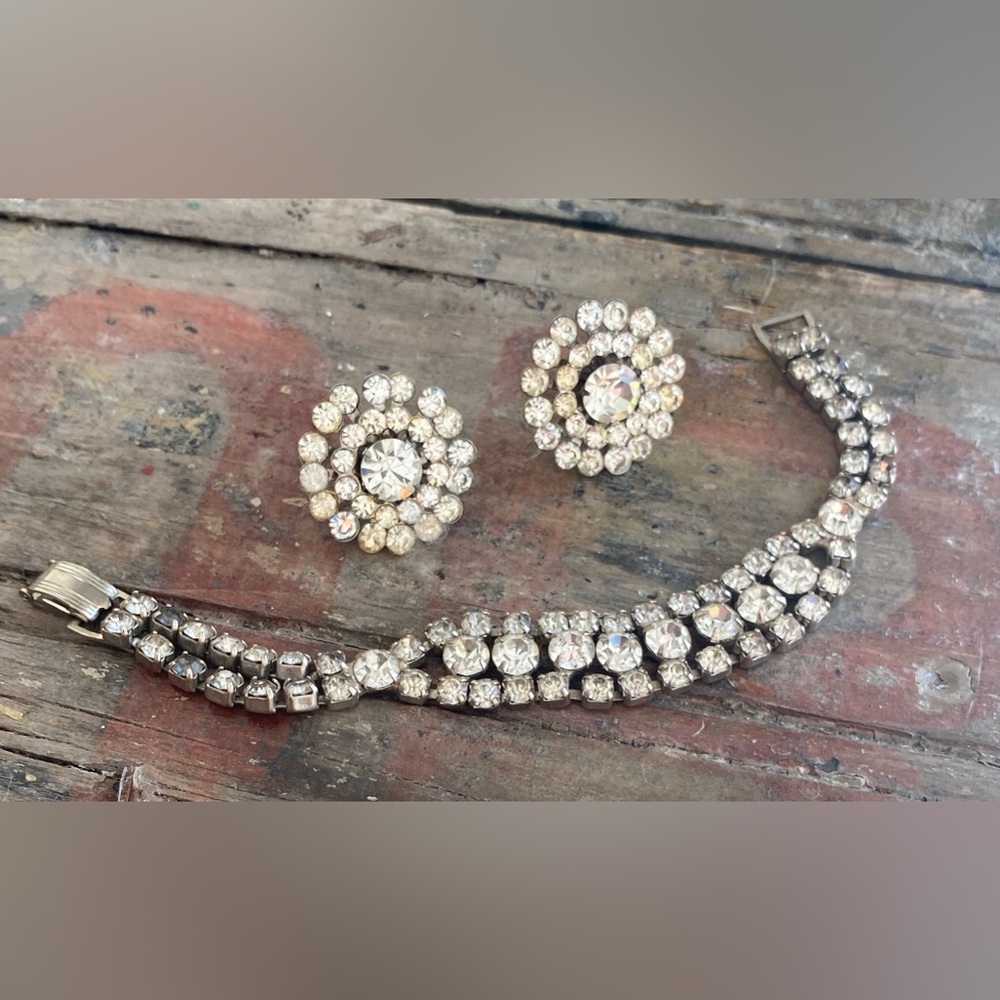 Vintage 1950s Costume Clear Rhinestone Bracelet & Clip Earrings Mid Century